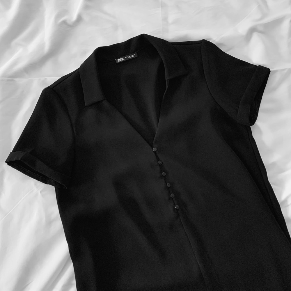 Zara Short-Sleeve Collared Shirt Dress | Black